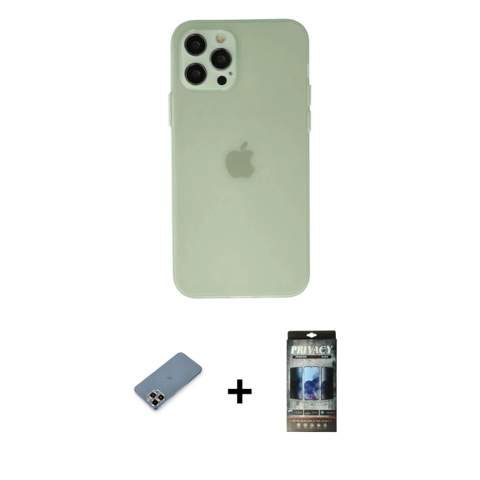 MARSİLYAN™- iPhone 12 Pro Kılıf Atlas Minimal Prime - Siyah 34D Hayalet Izgaralı Cam + Metal Kamera Lens Koruma Cam - MR