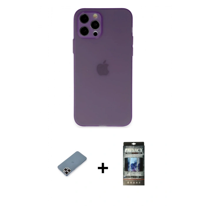 MARSİLYAN™- iPhone 12 Pro Kılıf Atlas Minimal Prime - Siyah 34D Hayalet Izgaralı Cam + Metal Kamera Lens Koruma Cam - MR