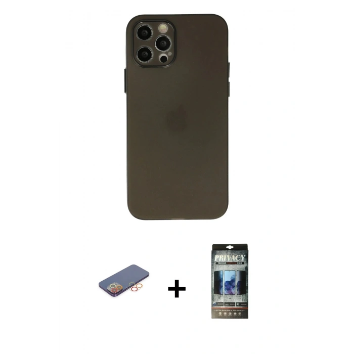 MARSİLYAN™- iPhone 12 Pro Kılıf Atlas Minimal Prime - Siyah 34D Hayalet Izgaralı Cam + Renkli Kamera Lens Koruma Cam - TU