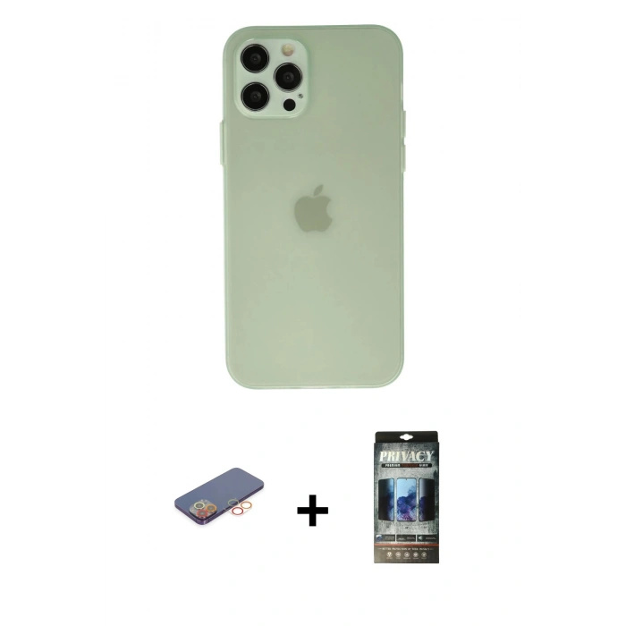 MARSİLYAN™- iPhone 12 Pro Kılıf Atlas Minimal Prime - Siyah 34D Hayalet Izgaralı Cam + Renkli Kamera Lens Koruma Cam - TU
