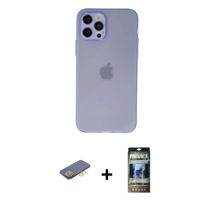 MARSİLYAN™- iPhone 12 Pro Kılıf Atlas Minimal Prime - Siyah 34D Hayalet Izgaralı Cam + Renkli Kamera Lens Koruma Cam - TU