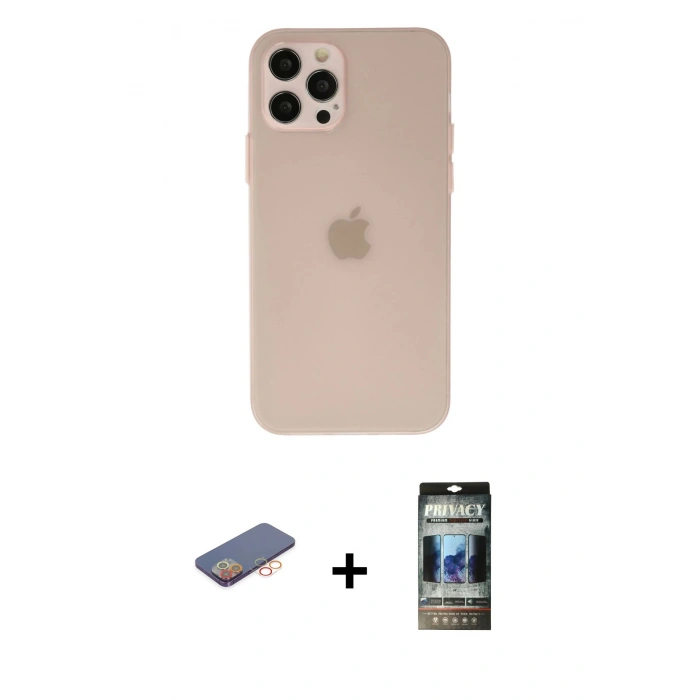 MARSİLYAN™- iPhone 12 Pro Kılıf Atlas Minimal Prime - Siyah 34D Hayalet Izgaralı Cam + Renkli Kamera Lens Koruma Cam - TU