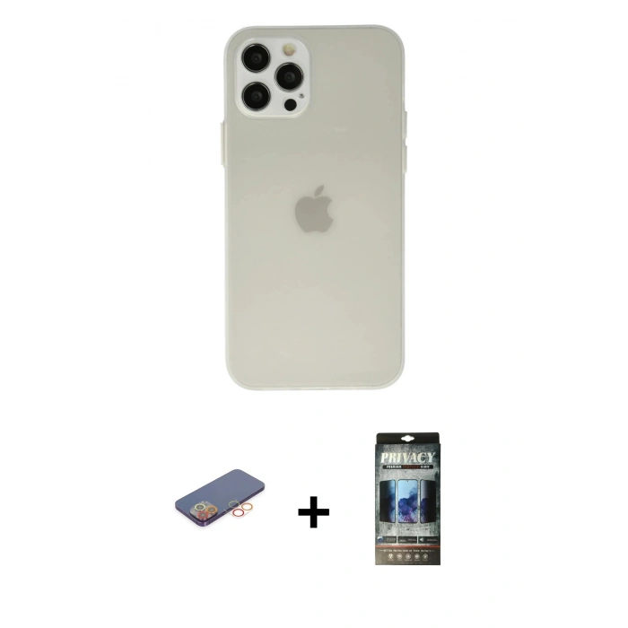 MARSİLYAN™- iPhone 12 Pro Kılıf Atlas Minimal Prime - Siyah 34D Hayalet Izgaralı Cam + Renkli Kamera Lens Koruma Cam - TU