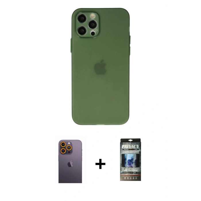 MARSİLYAN™- iPhone 12 Pro Kılıf Atlas Minimal Prime - Siyah 34D Hayalet Izgaralı Cam + Neon Fosforlu Kamera Lens - SI