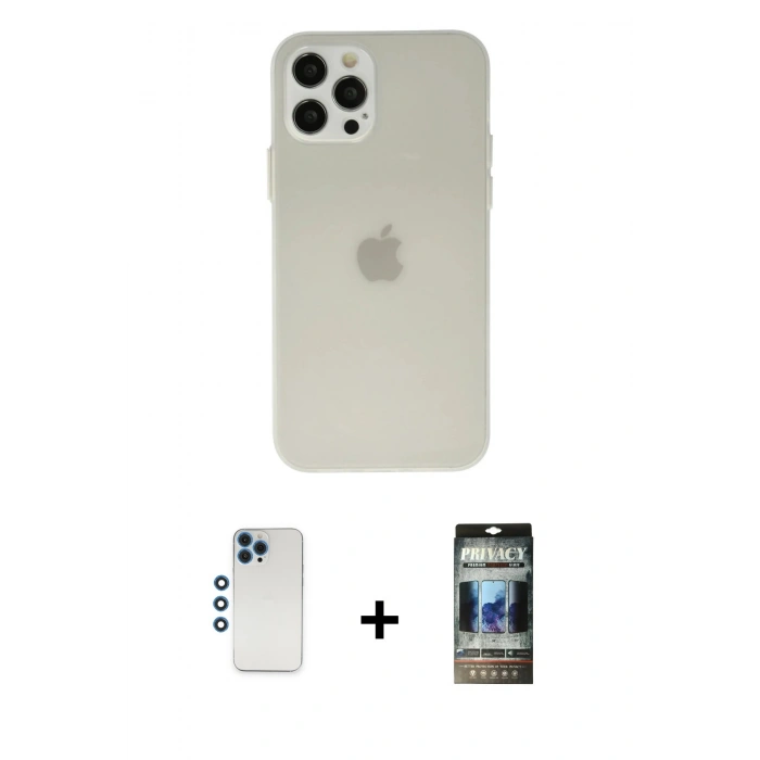 MARSİLYAN™- iPhone 12 Pro Kılıf Atlas Minimal Prime - Siyah 34D Hayalet Izgaralı Cam + Shine Kamera Lens - MI