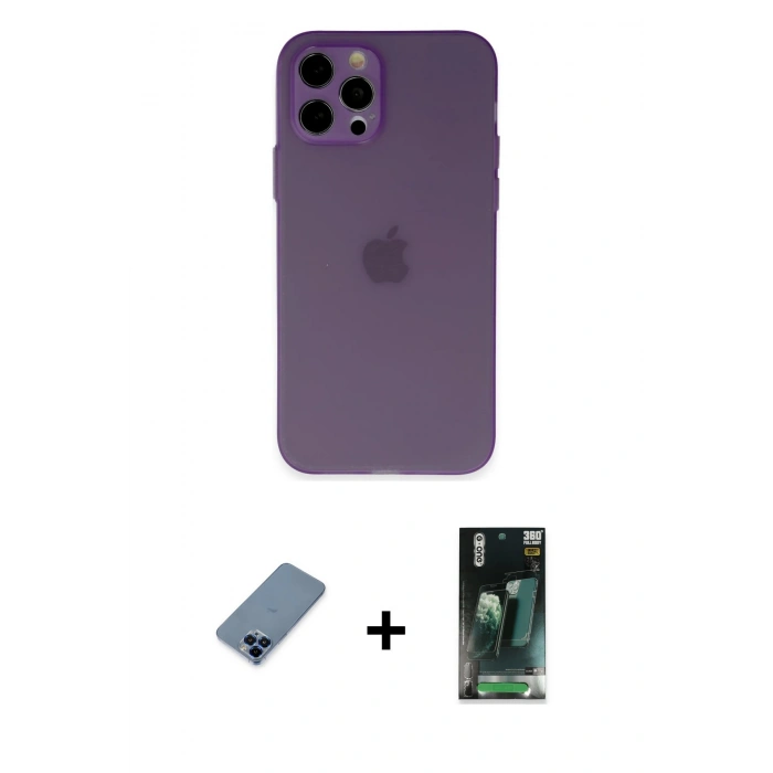 MARSİLYAN™- iPhone 12 Pro Kılıf Atlas Minimal Prime - Siyah 360 Mat Full Body Arka Koruyucu + Metal Kamera Lens Koruma Cam - MI