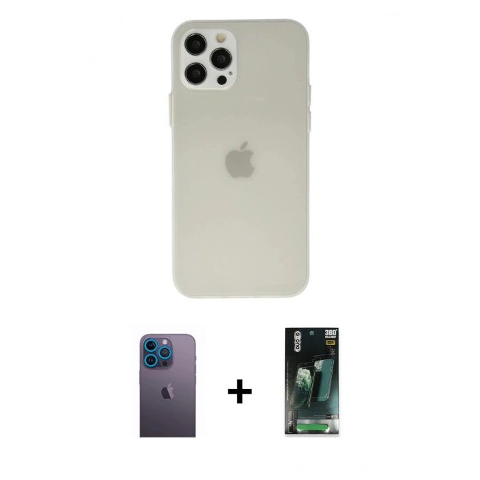 MARSİLYAN™- iPhone 12 Pro Kılıf Atlas Minimal Prime - Siyah 360 Mat Full Body Arka Koruyucu + Neon Fosforlu Kamera Lens - MI