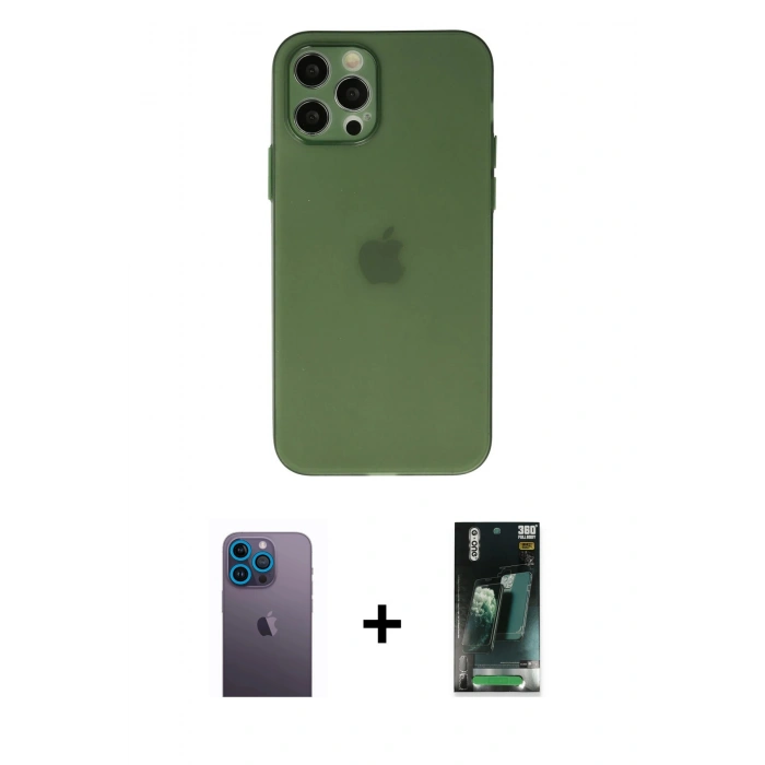 MARSİLYAN™- iPhone 12 Pro Kılıf Atlas Minimal Prime - Siyah 360 Mat Full Body Arka Koruyucu + Neon Fosforlu Kamera Lens - MI