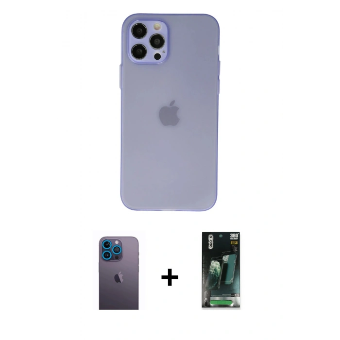 MARSİLYAN™- iPhone 12 Pro Kılıf Atlas Minimal Prime - Siyah 360 Mat Full Body Arka Koruyucu + Neon Fosforlu Kamera Lens - MI