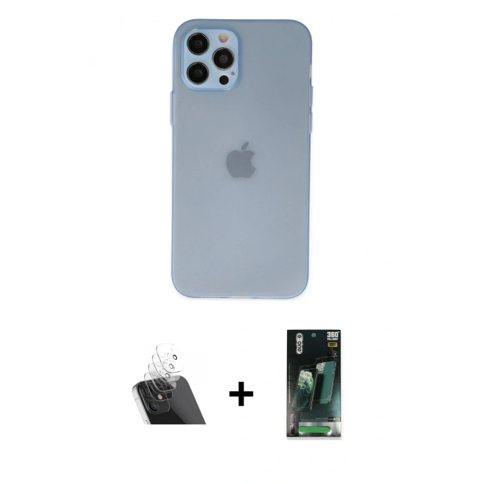 MARSİLYAN™- iPhone 12 Pro Kılıf Atlas Minimal Prime - Siyah 360 Mat Full Body Arka Koruyucu + Kamera Lens Koruma Cam - SF
