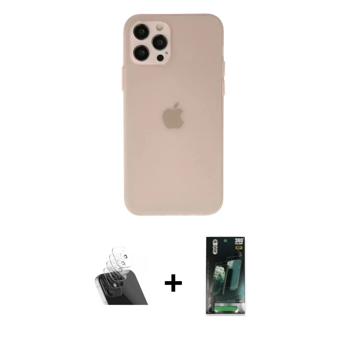 MARSİLYAN™- iPhone 12 Pro Kılıf Atlas Minimal Prime - Siyah 360 Mat Full Body Arka Koruyucu + Kamera Lens Koruma Cam - SF