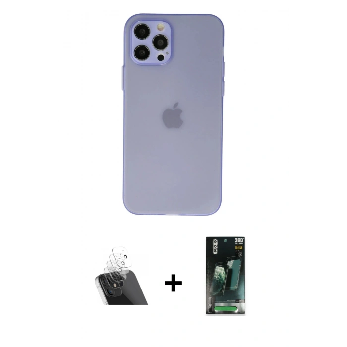 MARSİLYAN™- iPhone 12 Pro Kılıf Atlas Minimal Prime - Siyah 360 Mat Full Body Arka Koruyucu + Kamera Lens Koruma Cam - SF