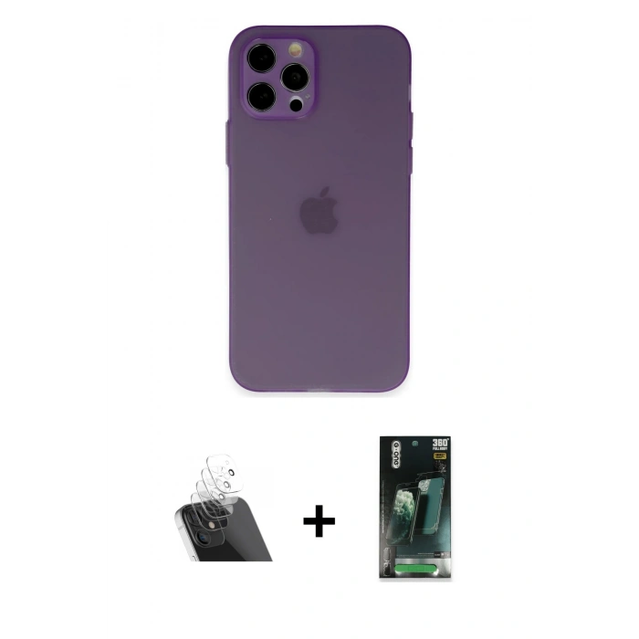 MARSİLYAN™- iPhone 12 Pro Kılıf Atlas Minimal Prime - Siyah 360 Mat Full Body Arka Koruyucu + Kamera Lens Koruma Cam - SF
