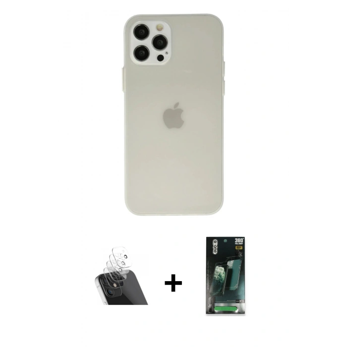MARSİLYAN™- iPhone 12 Pro Kılıf Atlas Minimal Prime - Siyah 360 Mat Full Body Arka Koruyucu + Kamera Lens Koruma Cam - SF