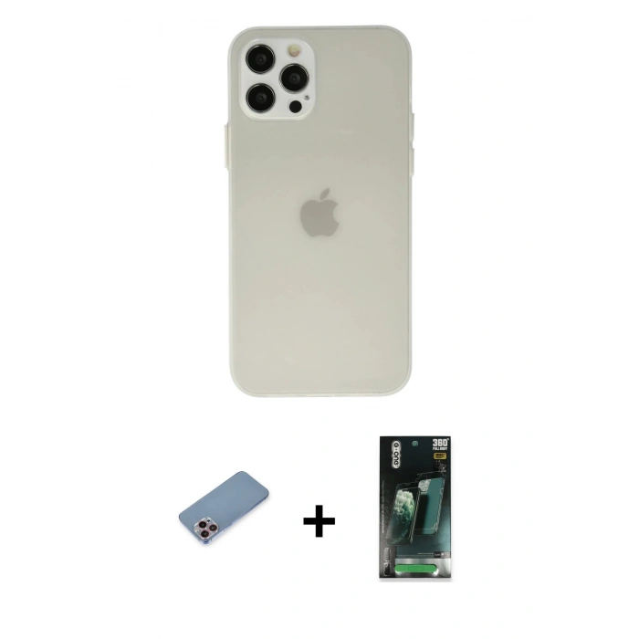MARSİLYAN™- iPhone 12 Pro Kılıf Atlas Minimal Prime - Siyah 360 Mat Full Body Arka Koruyucu + Shine Kamera Lens Koruma Cam - PE
