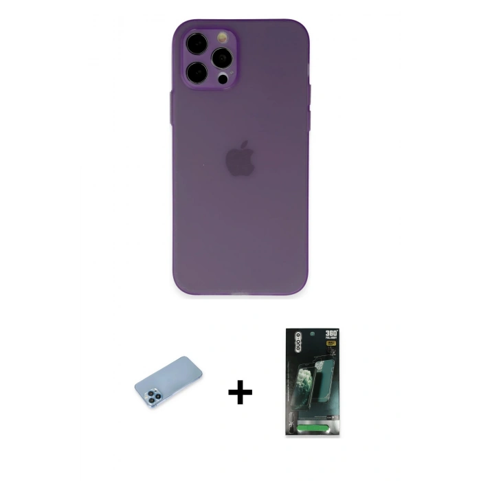 MARSİLYAN™- iPhone 12 Pro Kılıf Atlas Minimal Prime - Siyah 360 Mat Full Body Arka Koruyucu + Shine Kamera Lens Koruma Cam - MI