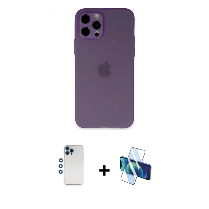 MARSİLYAN™- iPhone 12 Pro Kılıf Atlas Minimal Prime - Siyah 3D Antistatik Cam Ekran Koruyucu + Shine Kamera Lens - MI
