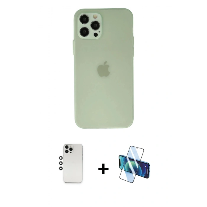 MARSİLYAN™- iPhone 12 Pro Kılıf Atlas Minimal Prime - Siyah 3D Antistatik Cam Ekran Koruyucu + Shine Kamera Lens - GS
