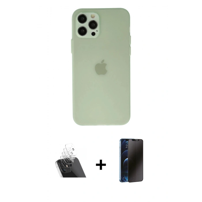 MARSİLYAN™- iPhone 12 Pro Kılıf Atlas Minimal Prime - Siyah 3D Antistatik Hayalet Cam Ekran Koruyucu + Kamera Lens Koruma Cam - SF
