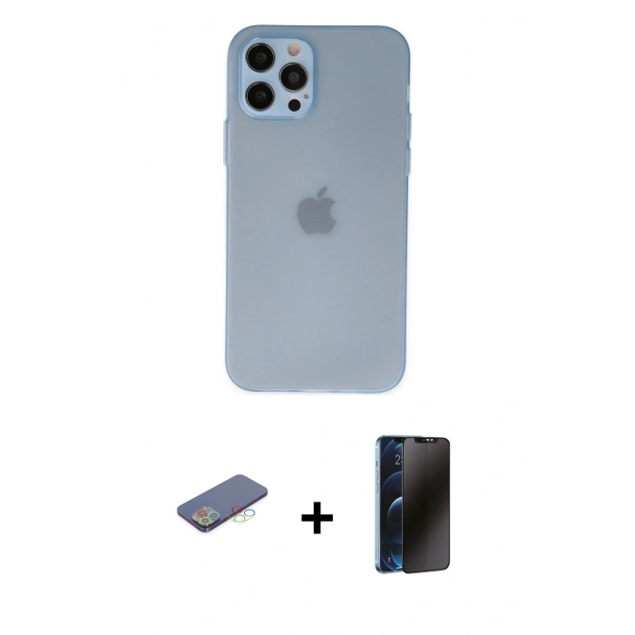MARSİLYAN™- iPhone 12 Pro Kılıf Atlas Minimal Prime - Siyah 3D Antistatik Hayalet Cam Ekran Koruyucu + Renkli Kamera Lens Koruma Cam - MI
