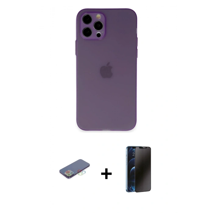 MARSİLYAN™- iPhone 12 Pro Kılıf Atlas Minimal Prime - Siyah 3D Antistatik Hayalet Cam Ekran Koruyucu + Renkli Kamera Lens Koruma Cam - MI