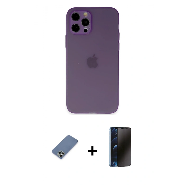 MARSİLYAN™- iPhone 12 Pro Kılıf Atlas Minimal Prime - Siyah 3D Antistatik Hayalet Cam Ekran Koruyucu + Metal Kamera Lens Koruma Cam - AKYL