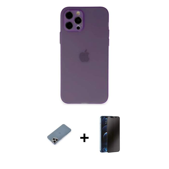 MARSİLYAN™- iPhone 12 Pro Kılıf Atlas Minimal Prime - Siyah 3D Antistatik Hayalet Cam Ekran Koruyucu + Metal Kamera Lens Koruma Cam - MR