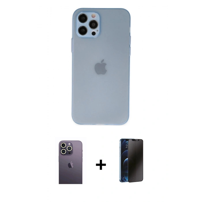 MARSİLYAN™- iPhone 12 Pro Kılıf Atlas Minimal Prime - Siyah 3D Antistatik Hayalet Cam Ekran Koruyucu + Neon Fosforlu Kamera Lens - BZ