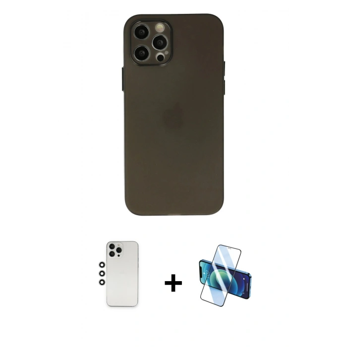 MARSİLYAN™- iPhone 12 Pro Kılıf Atlas Minimal Prime - Siyah 3D Antistatik Seramik Nano Ekran Koruyucu + Shine Kamera Lens - GS