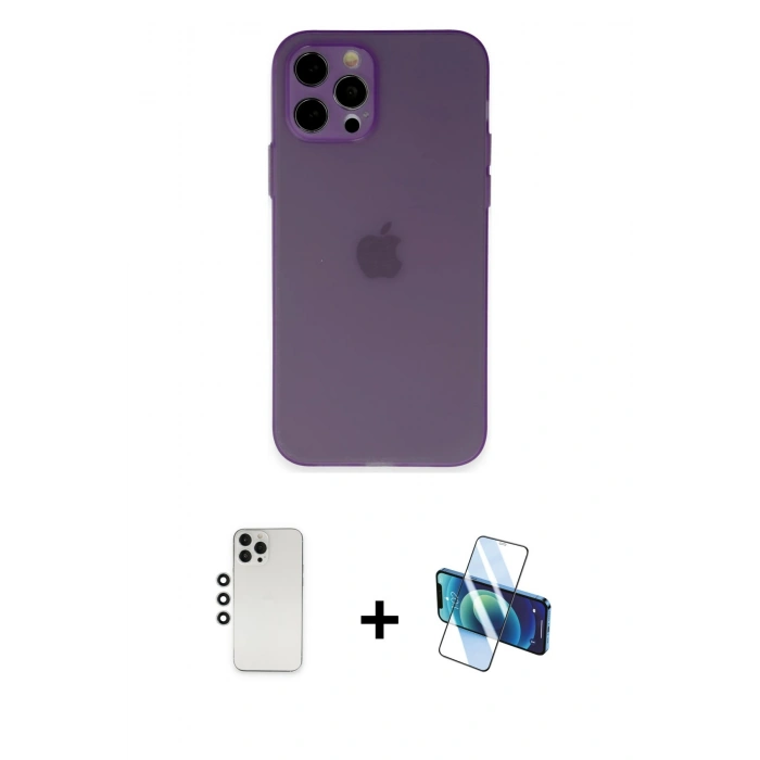MARSİLYAN™- iPhone 12 Pro Kılıf Atlas Minimal Prime - Siyah 3D Antistatik Seramik Nano Ekran Koruyucu + Shine Kamera Lens - GS