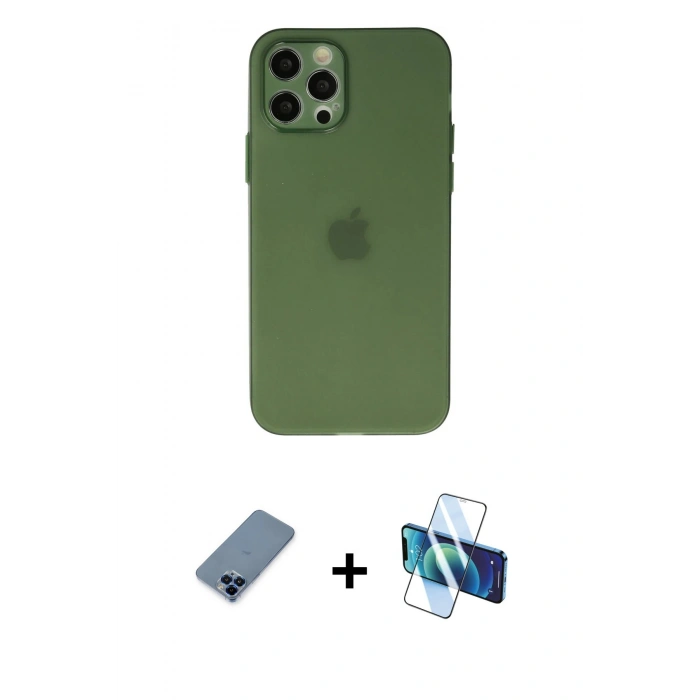 MARSİLYAN™- iPhone 12 Pro Kılıf Atlas Minimal Prime - Siyah 3D Antistatik Seramik Nano Ekran Koruyucu + Metal Kamera Lens Koruma Cam - MI