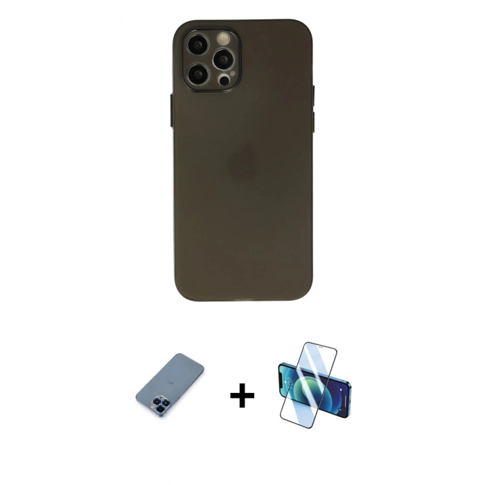 MARSİLYAN™- iPhone 12 Pro Kılıf Atlas Minimal Prime - Siyah 3D Antistatik Seramik Nano Ekran Koruyucu + Metal Kamera Lens Koruma Cam - MI