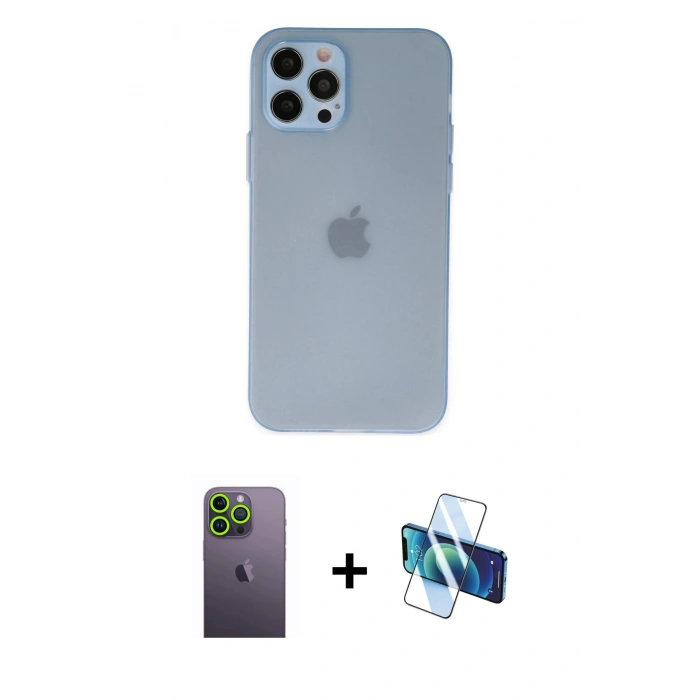 MARSİLYAN™- iPhone 12 Pro Kılıf Atlas Minimal Prime - Siyah 3D Antistatik Seramik Nano Ekran Koruyucu + Neon Fosforlu Kamera Lens - YL