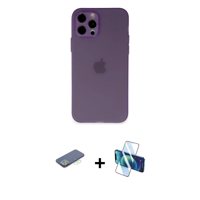 MARSİLYAN™- iPhone 12 Pro Kılıf Atlas Minimal Prime - Siyah 3D Antistatik Seramik Nano Ekran Koruyucu + Renkli Kamera Lens Koruma Cam - YL