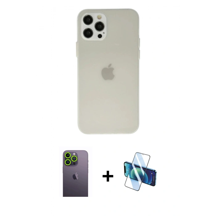 MARSİLYAN™- iPhone 12 Pro Kılıf Atlas Minimal Prime - Siyah 3D Antistatik Seramik Nano Ekran Koruyucu + Neon Fosforlu Kamera Lens - YL