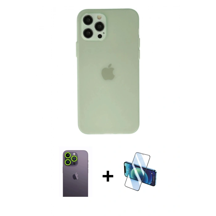 MARSİLYAN™- iPhone 12 Pro Kılıf Atlas Minimal Prime - Siyah 3D Antistatik Seramik Nano Ekran Koruyucu + Neon Fosforlu Kamera Lens - YL