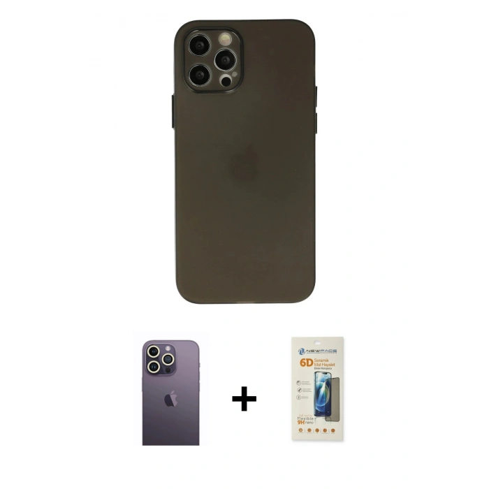 MARSİLYAN™- iPhone 12 Pro Kılıf Atlas Minimal Prime - Siyah 6D Mat Seramik Hayalet Nano Ekran Koruyucu + Neon Fosforlu Kamera Lens - BZ