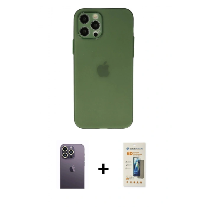 MARSİLYAN™- iPhone 12 Pro Kılıf Atlas Minimal Prime - Siyah 6D Mat Seramik Hayalet Nano Ekran Koruyucu + Neon Fosforlu Kamera Lens - BZ