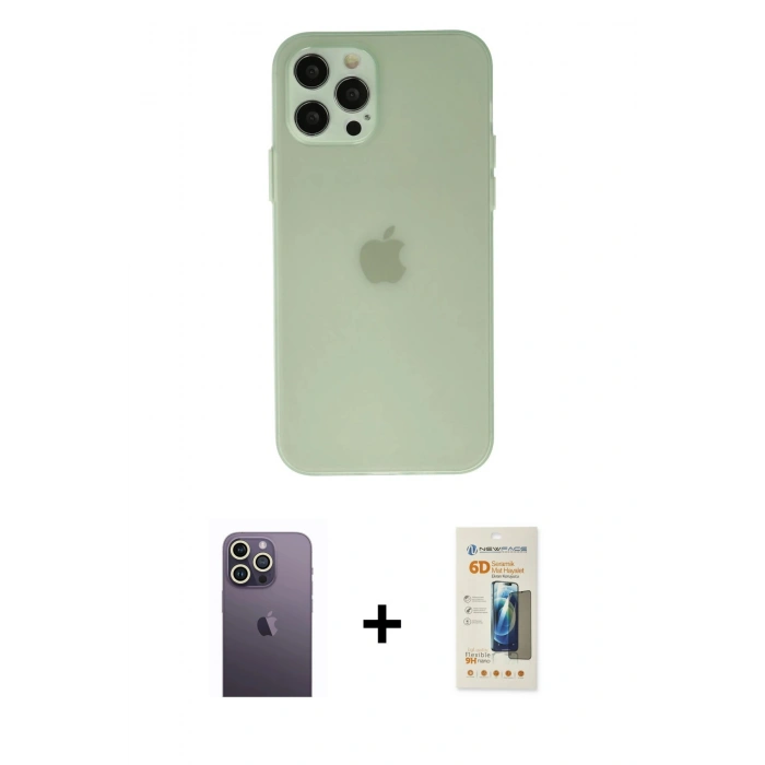 MARSİLYAN™- iPhone 12 Pro Kılıf Atlas Minimal Prime - Siyah 6D Mat Seramik Hayalet Nano Ekran Koruyucu + Neon Fosforlu Kamera Lens - BZ
