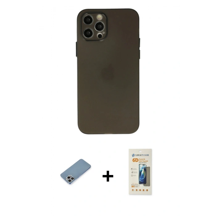 MARSİLYAN™- iPhone 12 Pro Kılıf Atlas Minimal Prime - Siyah 6D Mat Seramik Hayalet Nano Ekran Koruyucu + Shine Kamera Lens Koruma Cam - GI
