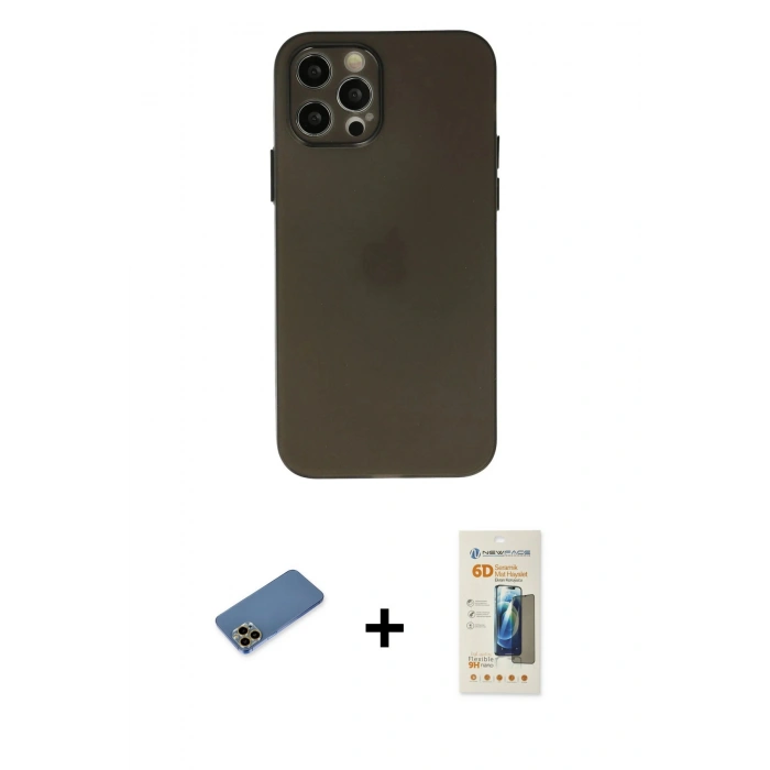 MARSİLYAN™- iPhone 12 Pro Kılıf Atlas Minimal Prime - Siyah 6D Mat Seramik Hayalet Nano Ekran Koruyucu + Shine Kamera Lens Koruma Cam - GD