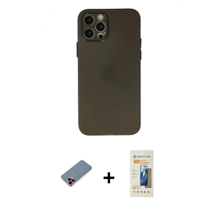 MARSİLYAN™- iPhone 12 Pro Kılıf Atlas Minimal Prime - Siyah 6D Mat Seramik Hayalet Nano Ekran Koruyucu + Metal Kamera Lens Koruma Cam - KI