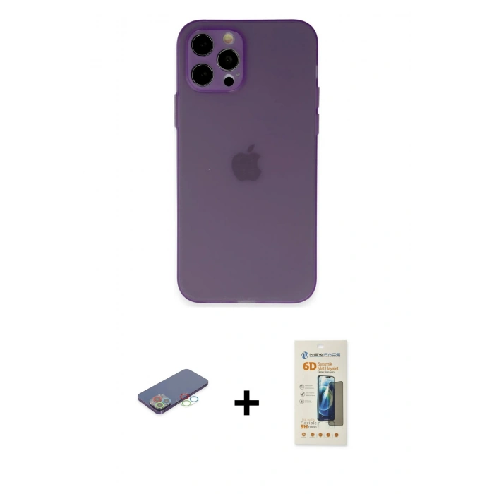 MARSİLYAN™- iPhone 12 Pro Kılıf Atlas Minimal Prime - Siyah 6D Mat Seramik Hayalet Nano Ekran Koruyucu + Renkli Kamera Lens Koruma Cam - MI