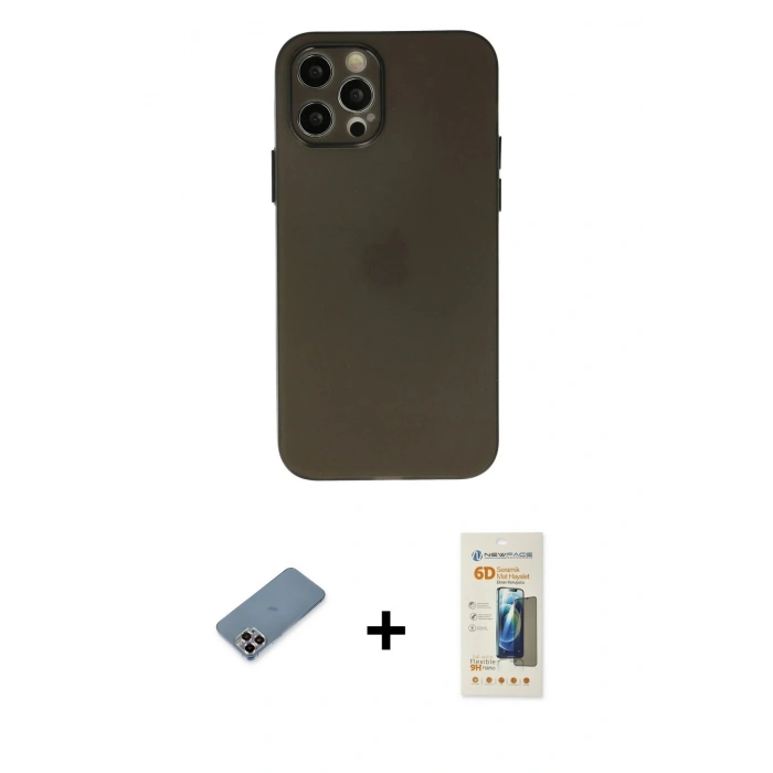MARSİLYAN™- iPhone 12 Pro Kılıf Atlas Minimal Prime - Siyah 6D Mat Seramik Hayalet Nano Ekran Koruyucu + Metal Kamera Lens Koruma Cam - MR