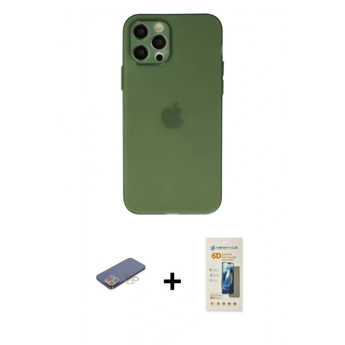 MARSİLYAN™- iPhone 12 Pro Kılıf Atlas Minimal Prime - Siyah 6D Mat Seramik Hayalet Nano Ekran Koruyucu + Renkli Kamera Lens Koruma Cam - MI