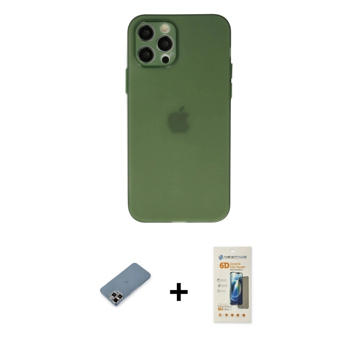 MARSİLYAN™- iPhone 12 Pro Kılıf Atlas Minimal Prime - Siyah 6D Mat Seramik Hayalet Nano Ekran Koruyucu + Metal Kamera Lens Koruma Cam - MR