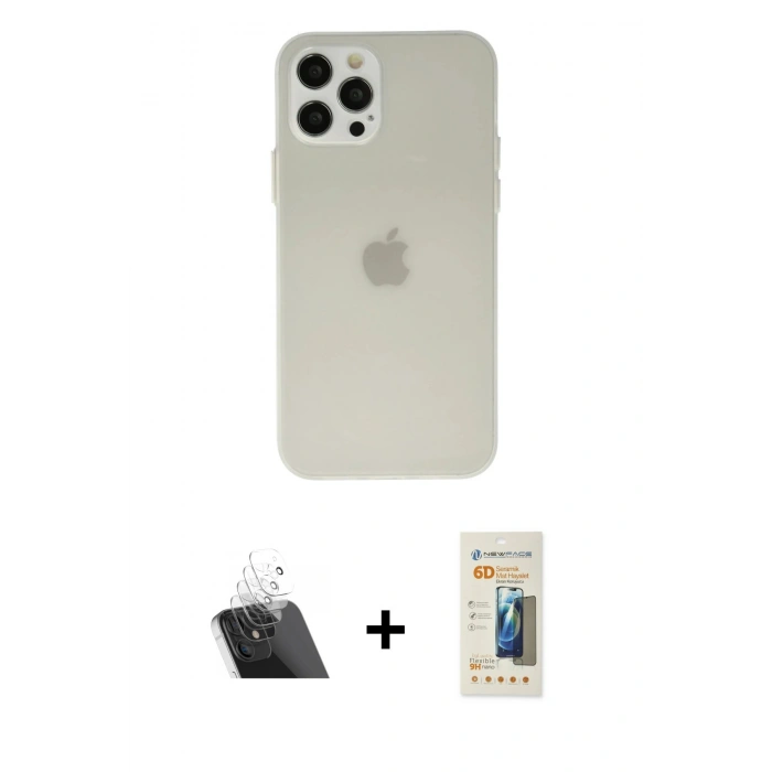 MARSİLYAN™- iPhone 12 Pro Kılıf Atlas Minimal Prime - Siyah 6D Mat Seramik Hayalet Nano Ekran Koruyucu + Kamera Lens Koruma Cam - SF