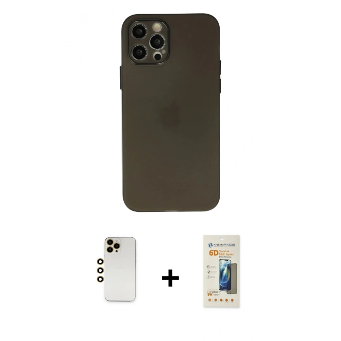 MARSİLYAN™- iPhone 12 Pro Kılıf Atlas Minimal Prime - Siyah 6D Mat Seramik Hayalet Nano Ekran Koruyucu + Shine Kamera Lens - GD