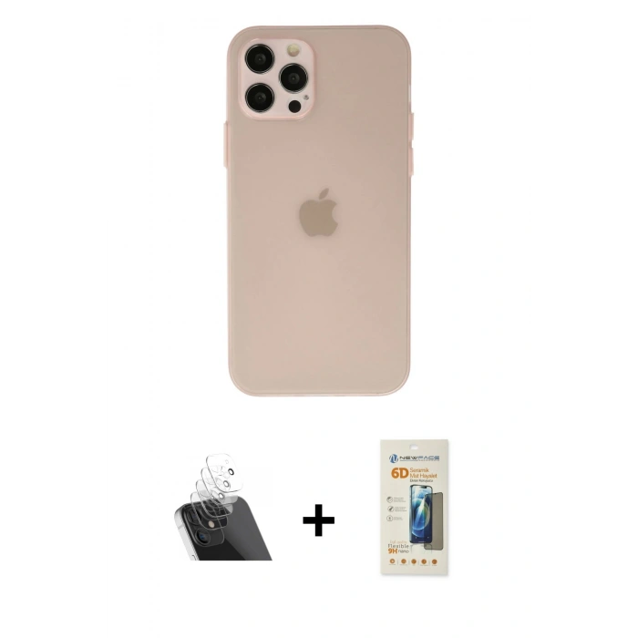 MARSİLYAN™- iPhone 12 Pro Kılıf Atlas Minimal Prime - Siyah 6D Mat Seramik Hayalet Nano Ekran Koruyucu + Kamera Lens Koruma Cam - SF