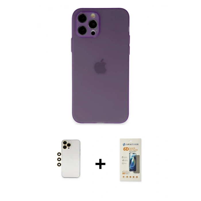 MARSİLYAN™- iPhone 12 Pro Kılıf Atlas Minimal Prime - Siyah 6D Mat Seramik Hayalet Nano Ekran Koruyucu + Shine Kamera Lens - GD